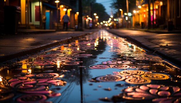 Linternas brillantes iluminan las oscuras calles de la ciudad generadas por la IA