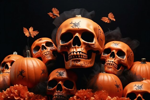 Linternas de cabeza de calabaza de Halloween con fondo negro y flores de color naranja