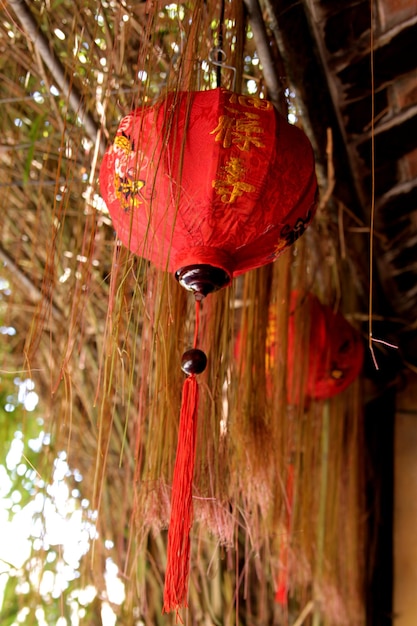 Linternas chinas coloridas en la calle. decoración de año nuevo chino