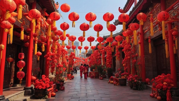 Las linternas chinas y las decoraciones tradicionales adornan las calles para celebrar el Año Nuevo chino