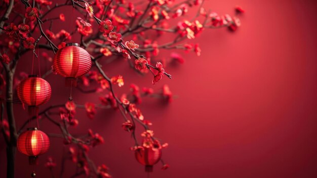 Linternas chinas en una pared roja una decoración festiva para la temporada de vacaciones