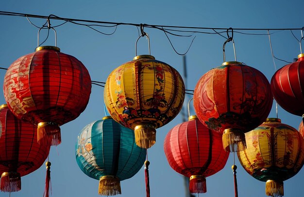 Foto linternas chinas de pie con el cielo azul