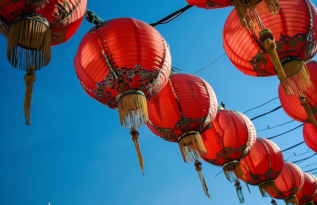 Foto linternas chinas de pie con el cielo azul