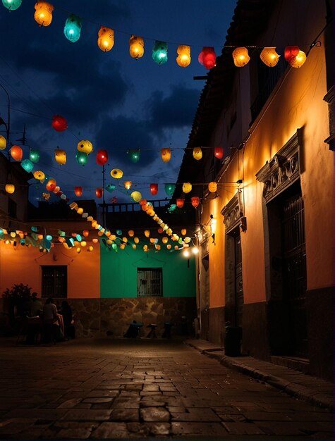 Foto linternas colgando de la calle por la noche