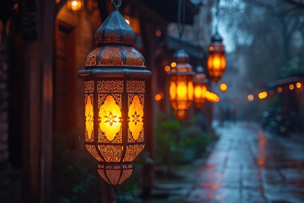 Linternas colgantes árabes en la noche oscura llena de atmósfera musulmana fotografía profesional