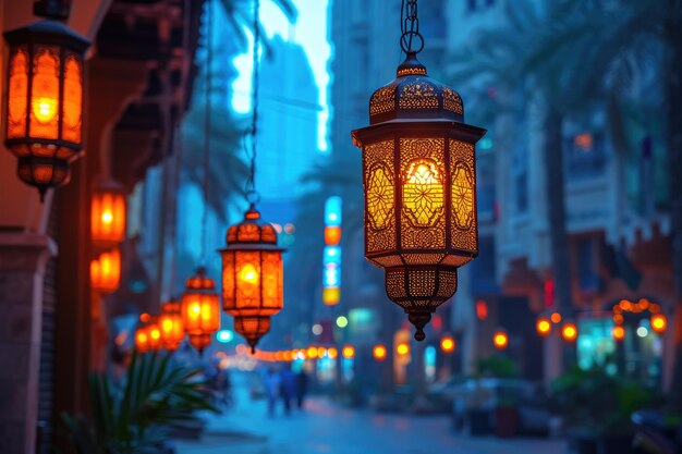 Linternas colgantes árabes en la noche oscura llena de atmósfera musulmana fotografía profesional