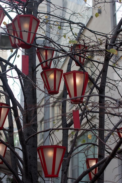 Linternas colgantes en los árboles Decoración navideña de la calle de papel.