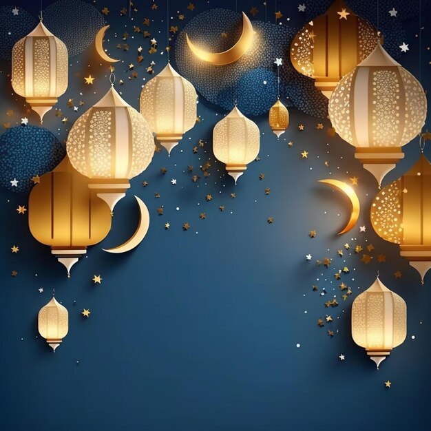 Linternas doradas y blancas ramadán islámico cayendo confeti fondo azul