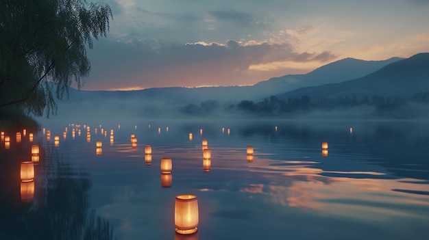 Linternas flotantes en un lago tranquilo al anochecer