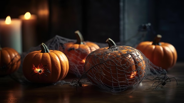 Linternas y guirnaldas de fiesta de Halloween en una mesa en un bosque brumosoesqueletos y calabazasIA generativa