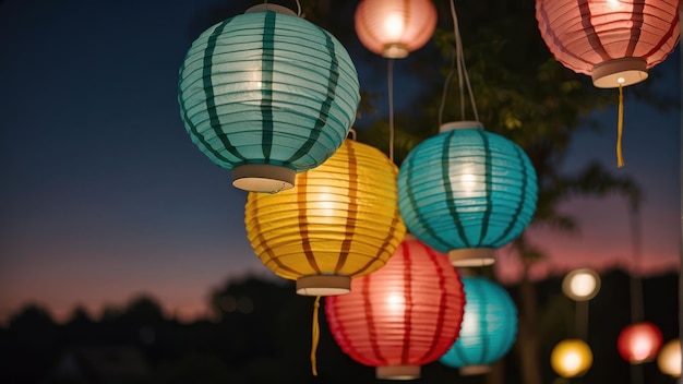 Linternas japonesas iluminando el jardín por la noche