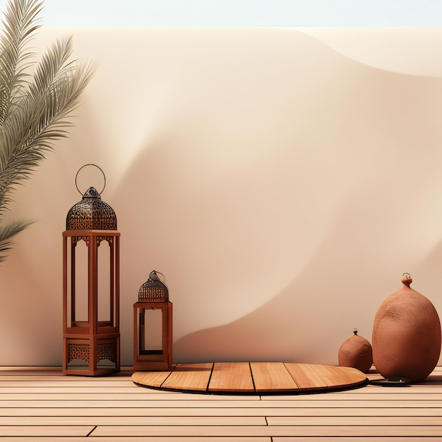 Linternas de madera de Ramadan Kareem con fondo del desierto para plantilla de publicación en redes sociales