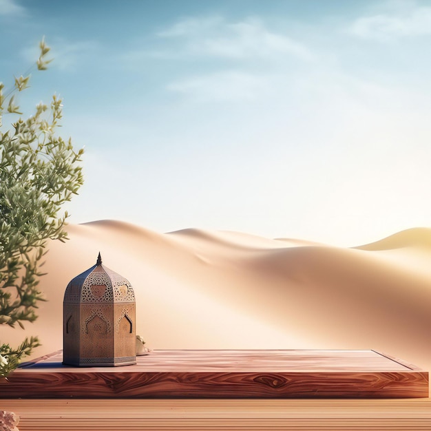 Linternas de madera de Ramadan Kareem con fondo del desierto para plantilla de publicación en redes sociales