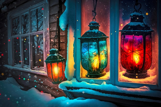 Linternas navideñas multicolores brillantes en la ventana de la casa en la noche de invierno creadas con ai generativo