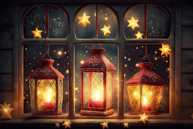 Linternas navideñas en la ventana con símbolo de estrella y adornos navideños creados con ai generativo