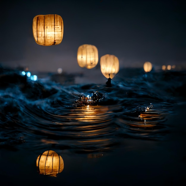 Linternas orientales que vuelan sobre el agua reflejo de luces de neón en el agua Románticas luces nocturnas Bokeh nocturno La atmósfera mágica de una acogedora velada en la naturaleza Ilustración 3D