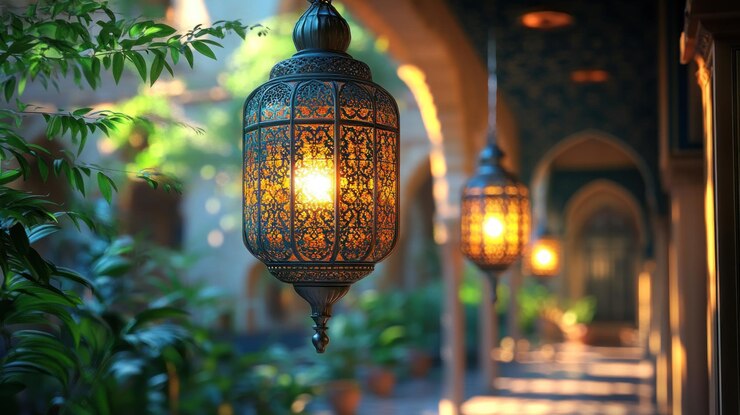 Las linternas ornamentadas cuelgan en un patio iluminado por el sol