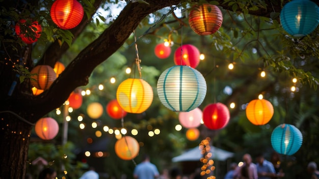 Linternas de papel de colores colgando de un árbol iluminando una fiesta de jardín con su suave luz ambiental y añadiendo un toque de capricho a la atmósfera