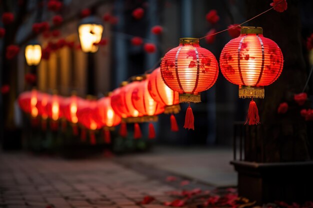 linternas de papel tradicionales chinas en la calle china celebrando el año nuevo