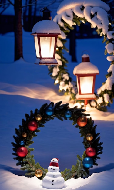 Linternas Proyectando Sombras Sobre Una Corona De Navidad Cubierta De Nieve Vista Frontal Al Aire Libre Nocturna