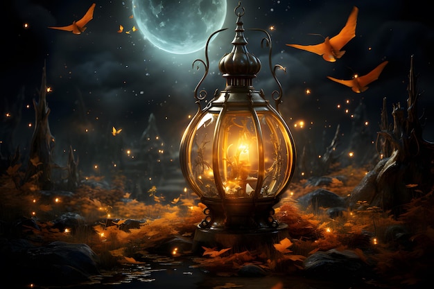 Las linternas que brillan intensamente iluminan la arquitectura antigua en la noche Fondo de Halloween