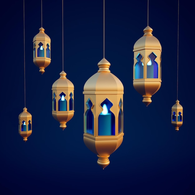 Linternas de Ramadán colgando en fondo azul tarjeta de felicitación festiva