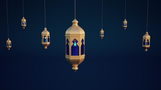 Linternas de Ramadán colgando en fondo azul tarjeta de felicitación festiva