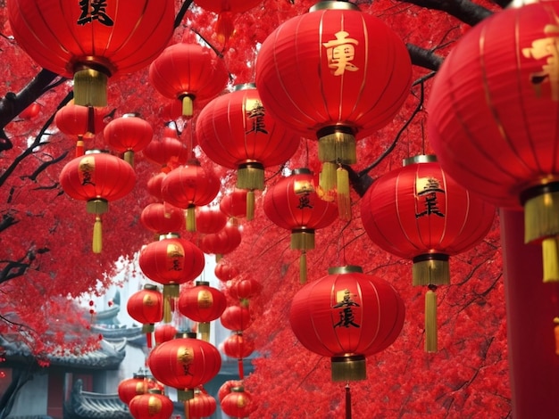 Linternas rojas del Año Nuevo chino colgando de un árbol