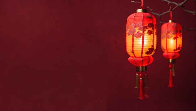 Linternas rojas de año nuevo chino en fondo rojo Fondo con espacio de copia