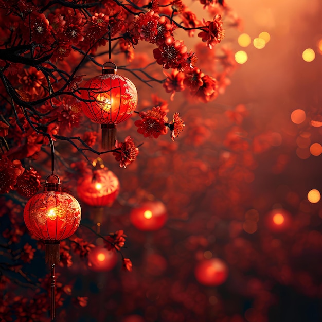 Linternas rojas colgando de las ramas por la noche