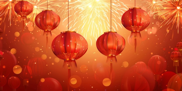 Linternas tradicionales chinas contra fuegos artificiales en el fondo del cielo nocturno