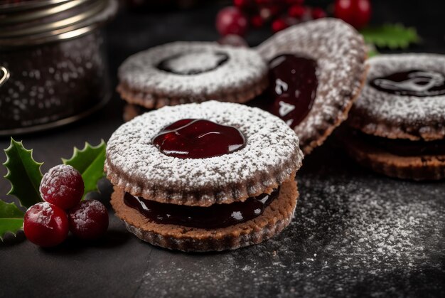 Linzer-Kekse, Marmelade, Zuckerpulver, gebackenes Dessert, Feiern, Snack, Generieren von Ai