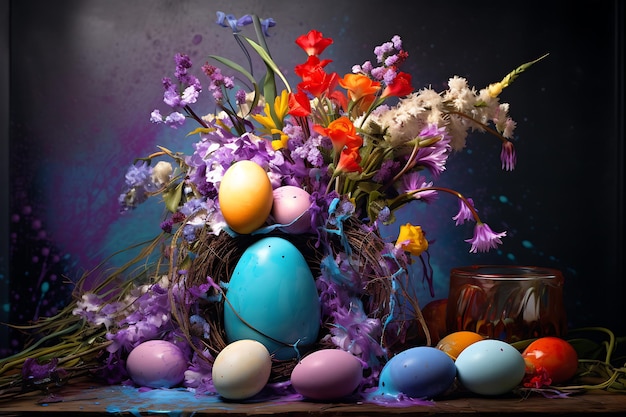 Un lío brillante de flores y huevos de Pascua