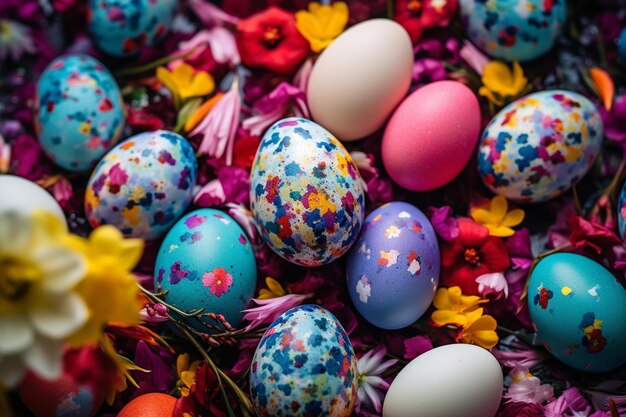 Un lío brillante de flores y huevos de Pascua