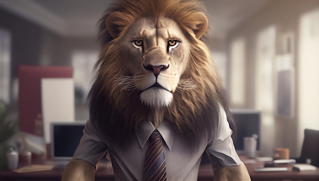 Lion's Head trägt einen Business-Anzug und sitzt hinter dem Schreibtisch, der in der Professionalitätsbehörde des Büros arbeitet
