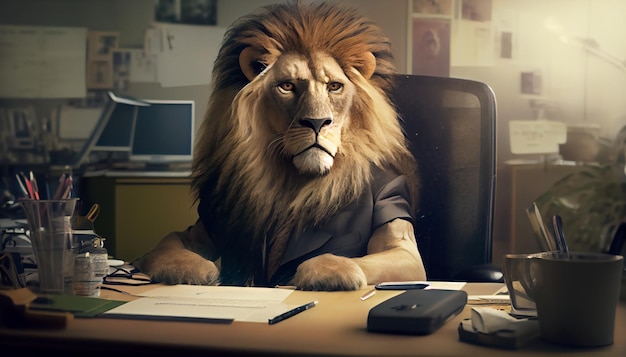 Lion's Head trägt einen Business-Anzug und sitzt hinter dem Schreibtisch, der in der Professionalitätsbehörde des Büros arbeitet