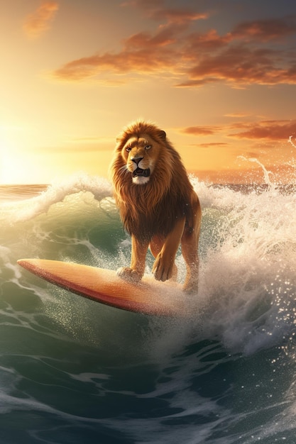 Lion surfer en una tabla de surf divirtiéndose en las olas del mar