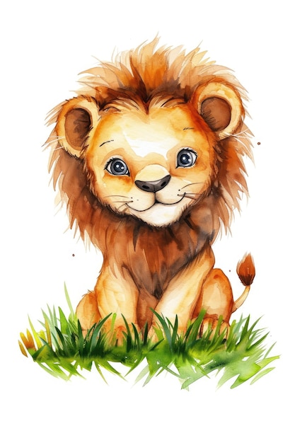 Un lioncillo lindo en el césped de la guardería de arte 2d dibujo acuarela aislado en fondo blanco sin flores ar 23 v 6 ID de trabajo ba0d0513f19946ac8c71a0d56d495bfa