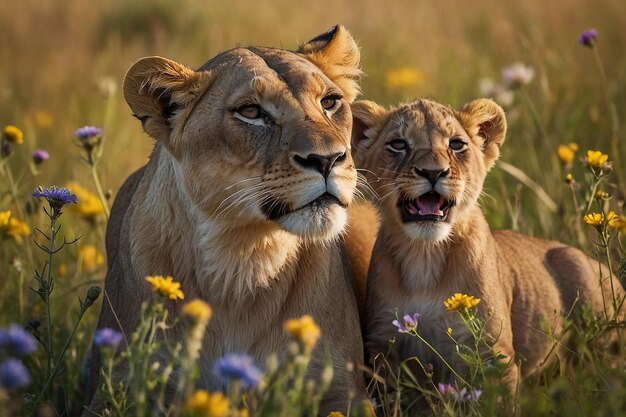 Foto lioness and cubs frolicking in wildflowers