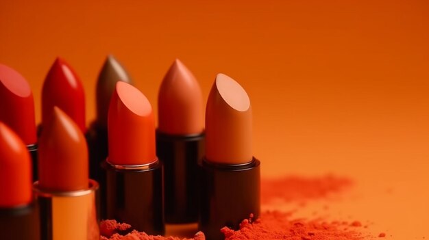 Lippenstifte auf orangefarbenem Hintergrund, Nahaufnahme, selektiver Fokus, generative ai