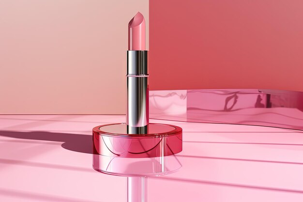 Lippenstiftreflexion auf einem rosa Podiumshintergrund