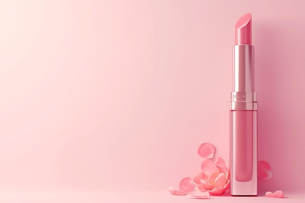 Lipstick cosmético colocado sobre un fondo rosado con espacio para copiar