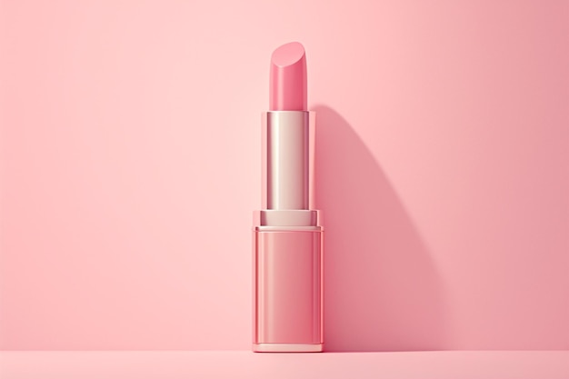 Lipstick cosmético colocado sobre un fondo rosado con espacio para copiar