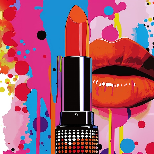 Foto lipstick y cosméticos en un fondo de arte pop brillante marco cuadrado