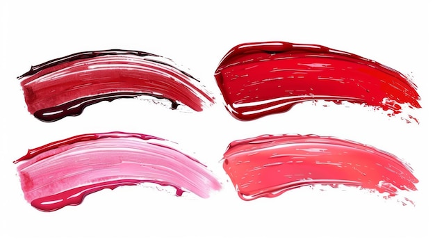 Lipstick de textura brilhante mancha em fundo branco com lábios brilhantes vermelhos e cor-de-rosa conjunto de ilustrações modernas realistas de manchas cosméticas líquidas na boca e manchas de esmalte de unhas