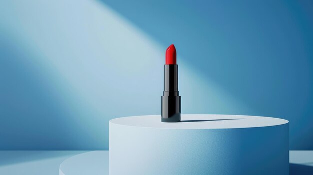 Lipstick rojo en podio blanco con fondo azul Producto cosmético de maquillaje