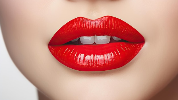 Lipstick sensual de boca abierta o brillo labial Modelo de belleza femenino de rostro en primer plano