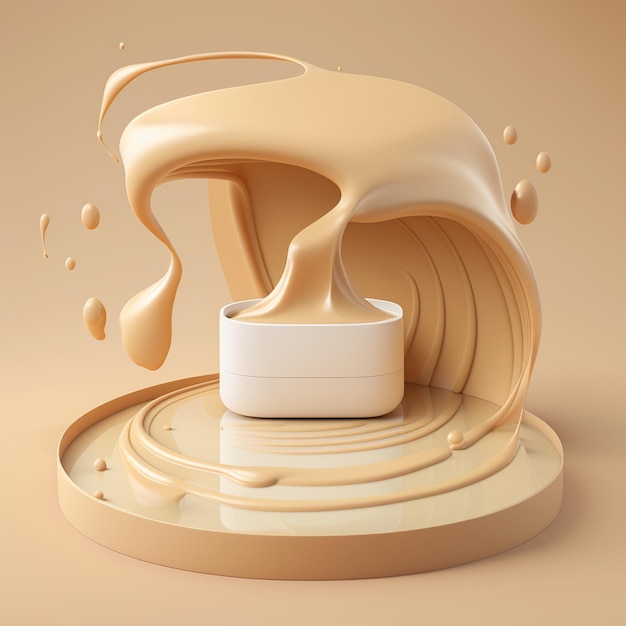 Liquid Round Foundation Splash Swirl sobre fondo de estudio Pantalla beige para exhibir productos de belleza y promoción de cosméticos IA generativa