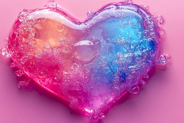 Líquido 3D abstracto con efecto holográfico en forma de corazón en fondo de gradiente rosa y azul Día de San Valentín