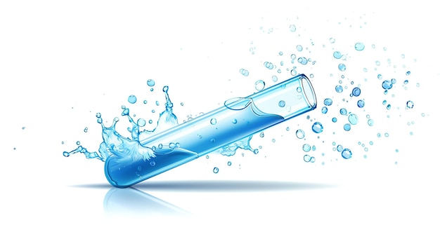 Foto líquido azul en un tubo de ensayo inclinado con una ilustración 3d de salpicaduras